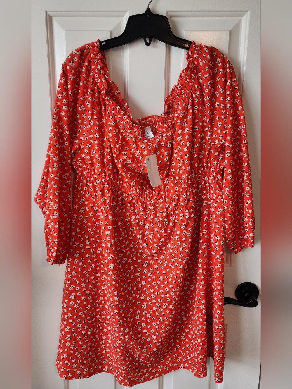 New With Tags H&M Divided Red/Orange Floral Smocked Babydoll Peasant Dress XL